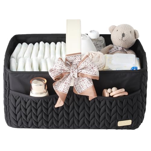 Image of LUKJOJO Luxurious Baby Diaper Caddy, Nursery Storage Basket for Newborn Essentials, Travel Baby Basket for Diapers Baby Wipes, Organizer Tote Bag Storage Bin, Baby Shower Gifts(black)