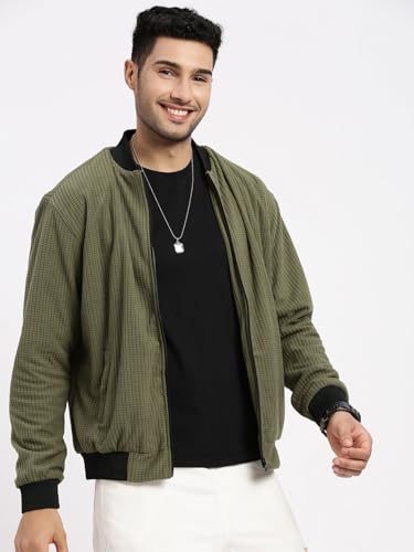 Image of SHOWOFFFF Men Solid Bomber Jacket | Mock Collar Full Sleeves Nylon Jacket for Mens | Slim Fit Regular Length Jacket for Men's