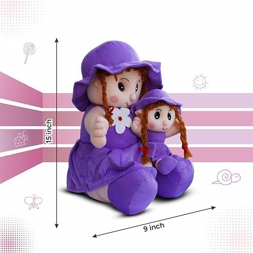 Image of Yellow Plush Doll Set, Stuffed Toy Dolls with Braided Hair and Sun Hats, Mother Daughter Matching Outfit, Girls Gift (Purple,Red,Pink and Yellow) (Purple)
