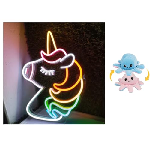 Image of EITHEO Stuffed Animal Plushie Stuffed Toy for Kids (Neon Unicorn + Small Octopus Pink)