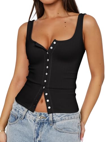 PINKMSTYLE Womens Square Neck Button Down Ribbed Tank Tops Cute Sleeveless Summer Tops3