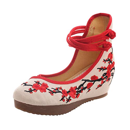 YYF Damenschuhe Chinesische traditionelle Knöchelriemen Gummisohlen Schuhe Stickerei Sommer 5cm Plateausandale für Cheongsam Cover