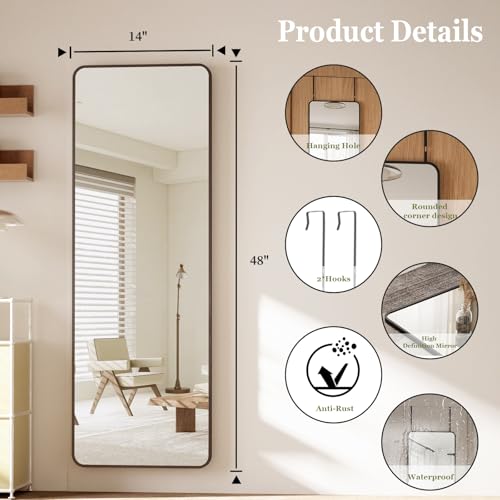 Image of BEAUTYPEAK Over The Door Mirror Full Length 14 inch x 48 inch, Shatterproof Tempered Glass and Aluminum Alloy Frame, No-Drilling Hanging or Wall Mount, Full Body Mirror for Bedroom, Dorm, Black