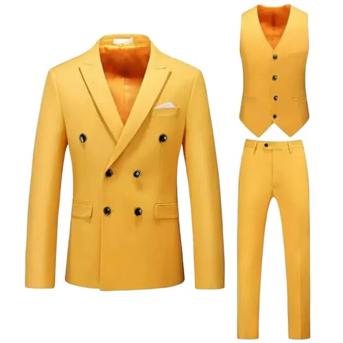 Men Full Notched Lapel Double Breasted 3-Piece Wedding Graduation Casual Banquet Suit Orange