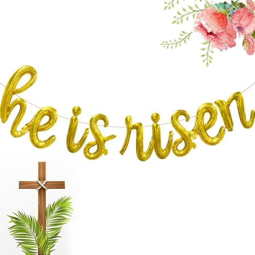 Youchicnow He is Risen Script/Cursive Gold Letter Balloons, 18 Inch Easter Decorations Religious Foil Balloon Christian Resurrection Party Favor for Church Egg Hunt Events Spring Holiday Celebration