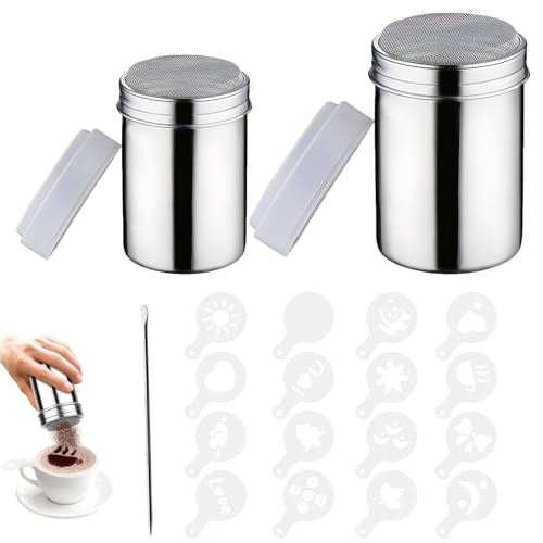 MENUY 2 unidades de espolvoreador de azúcar en polvo, cacao, azúcar en polvo, harina con tapa, incluye 16 plantillas y 1 aguja de bordado, espolvoreador de cacao en polvo para capuchino, acero
