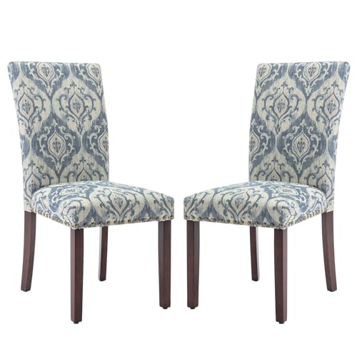 COLAMY Upholstered Parsons Dining Chairs Set of 2 Fabric Dining Room Kitchen Side Chair with Nailhead Trim and Wood Legs - Blue/White Flower