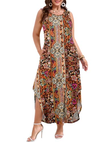 Image of JollieLovin Women Plus Size Summer Tank Maxi Dresses Sleeveless Causal V Neck Beach Long Dresses Swim Cover up (L-5X)