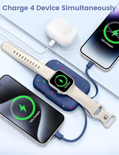 Image of RORRY CharmGo Portable Charger, 5000mAh Portable Charger Power Bank with Built-in Cables, Travel Keychain Battery Pack for Apple Watch and iPhone Air /17 /16 /15 /14 /13 /12, Confetti-Deepblue