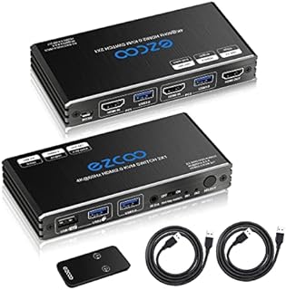 KVM Switch HDMI USB 3.0 2 Ports with Hotkey 4K 60Hz Share 2 Computers with one Keyboard Mous HDR D-olby Vision HDCP2.2 Remote Control Wireless Keyboard and Mouse Connections USB3.0 Cable Included