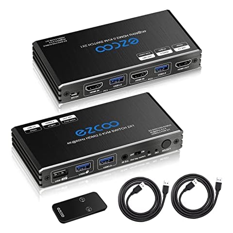 KVM Switch HDMI USB 3.0 2 Ports with Hotkey 4K 60Hz Share 2 Computers with one Keyboard Mous HDR D-olby Vision HDCP2.2 Remote Control Wireless Keyboard and Mouse Connections USB3.0 Cable Included Cover