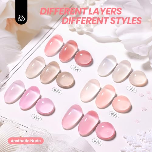 Image of Beetles Nude Gel Nail Polish Set - 6 Colors Pink Jelly Gel Polish Kit Neutral Shimmer Translucent Sheer Gel Soak off Uv Nail Concealer French Nail Art Manicure Gift for Women