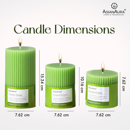 Image of ASIAN AURA Ribbed Pillar Candles - Pack of 3 | Scented Candles for Home Decor, Gifting & Festive Use | Long Burn time up to 36hrs | Clean-Burning Wax & Smokeless Flame (Lemon Grass)