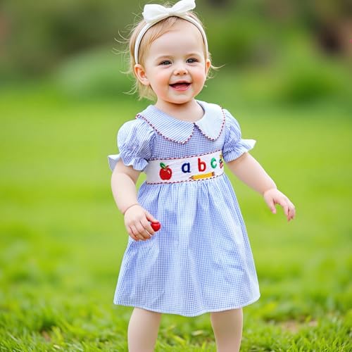 Toddler Baby Girl Back to School Outfit First Day of School Pre K Plaid Smocked Short Sleeve Dress Summer Clothes4