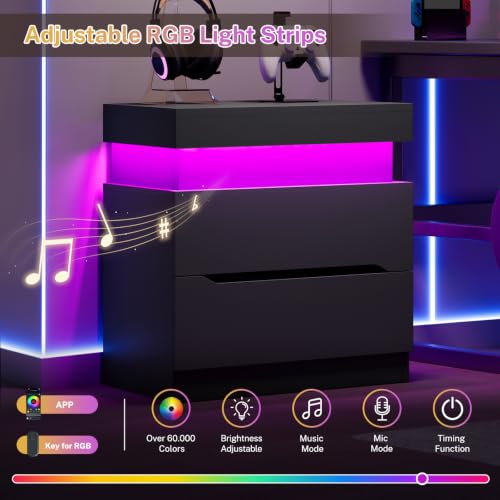 Image of TEENFON Nightstands Set of 2, Night Stand with 2 Drawers, Nightstand with App-Controlled Adjustable LED Light, Bedside Table with Slidable Hidden Storage Space, Modern Nightstands for Bedroom,Black