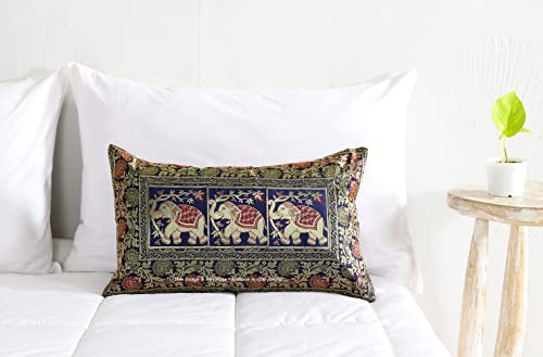Image of Ravaiyaa - Attitude is everything Banarasi Brocade Silk Pillow Cover Elephant Design Cushion Pillow Sham Case Home Decorative Set of 2 Piece 12 inch X 20 inch Inch
