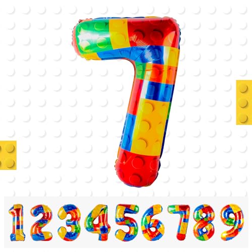 Ballons Chiffre 7 Ans - 101 CM Bloc Construction Ballon Coloré en Aluminium - Helium - Décoration Anniversaire