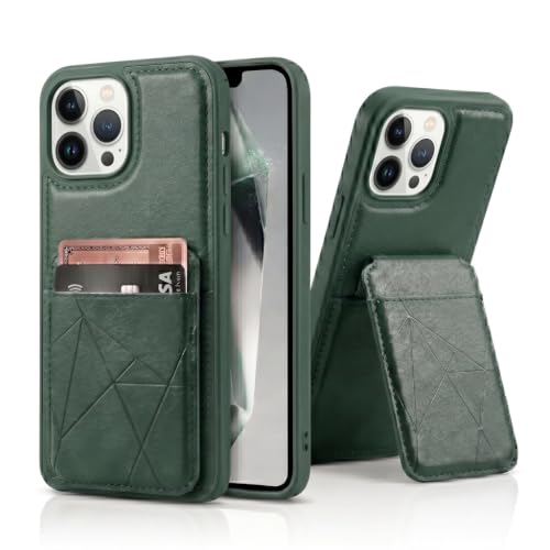 Image of amazon basics Premium Vegan Leather Back Cover with Card Holder and Integrated Mobile Stand for iPhone 13 Pro Max - Slim Shockproof Wallet Case with Geometric Stitching [Green]