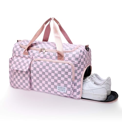 Image of BEULPTN Small Gym Bag for Women, Travel Duffel Bag Carry On Weekender Bag with Shoe Compartment, 39#pink Checkered