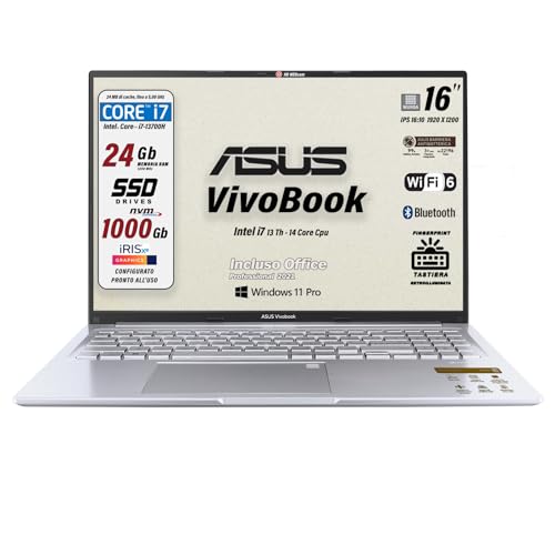 💻Asus vivobook , Cpu Intel i7-13700H 14 core, fino a 5 GHz in Burst mode, Ram 24 Gb DDR4, SSD M.2 Pci Nvme da 1 terabyte, Display HDR FULL HD da 16
