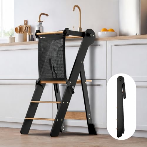 COSYLAND Foldable Kitchen Step Stool for Kids Space-Saving Standing Stool with Protective Net Height-Adjustable with Stabilizing Block (Black & Natural)