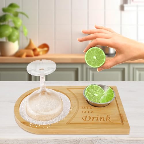 Mimoyalaso Margarita Salt Rimmer Set for Cocktails and Margaritas with Stainless Steel Bowl Bamboo Wood Glass Rimmer
