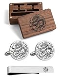 Kooer Dragon Design Cufflinks and Tie Clip Set with Wooden Gift Box (Cufflinks and tie clip set)