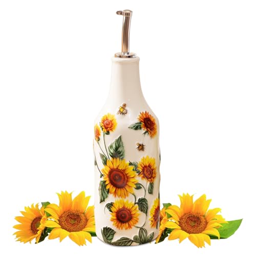 XRBEOU Sunflower Olive Oil Dispenser Bottle, 18 Oz Ceramic Oil and Vinegar Container for Kitchen with Stainless Steel Spout, Cooking Holder Cruet for Vinegar, Coffee Syrups, Sunflower Kitchen Decor