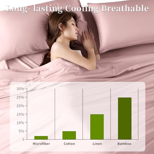 Shilucheng 100% Viscose Derived from Bamboo_ Sheets Queen Size 4pcs - Ultra Cooling & Silky Soft Bed Sheets, 16" Deep Pocket, Perfect for Hot Sleepers, Hotel Bedding Sheets (Light Pink)