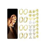 12 Pares Pendientes Plaqueados Oro 14K en Acero Quirúrgico 316L, Aros y Tachuelas Pequeños Hipoalergénicos, Piercing Oreja Helix Tragus Conch Cartílago, Joyería Multi Piercing para Mujer y Hombre