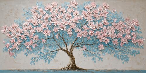 IDAFU Pink Tree of Life Canvas Wall Art Pink Flower Tree Wall Décor Abstract Pink Flowering Tree on Teal Blue Nature Landscape Painting Ready for Living Room, Bedroom, Office Home Décor 40L x 20W