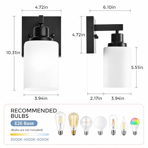 Image of Set of 2 Wall Sconces for Bathroom, Black Bathroom Vanity Light,Modern Wall Sconces Indoor with Square Frosted Glass,Farmhouse Wall Lamp for Bedroom Living Room Mirror Hallway