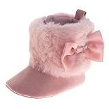 Josmo Infant Girls Booties - Faux Fur Baby Shoes with Bow and Pom Poms, Soft and Warm Crib Boots for Newborns, Hot Pink (Size 4 Infant)