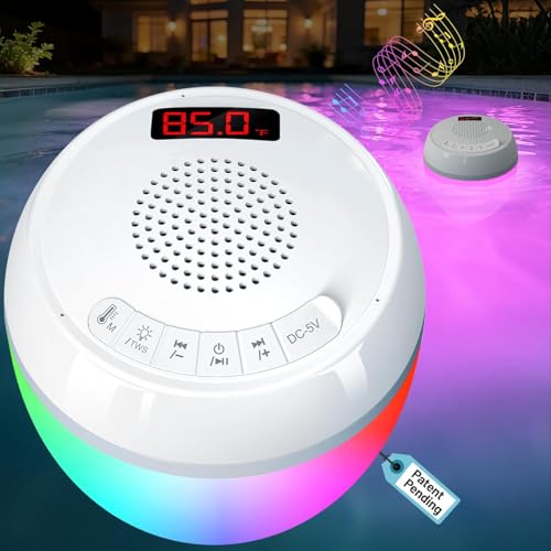 AearKing 3in1 Floating Pool Speaker with Digital Pool Thermometer,Bluetooth Pool-Speaker with Colorful Lights,TWS Hot Tub Speaker Waterproof IP68 Pools-Speaker,BT5.0 Bluetooth Speaker for Pools-White