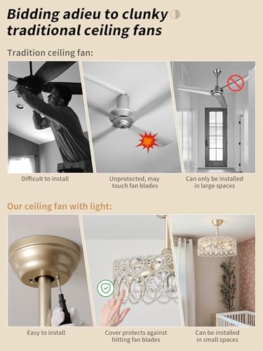 Image of SYDACG 20 inch Gold Crystal Fandelier Ceiling Fans with Lights, Gold Chandelier Ceiling Fan with Light Remote Control, Mid-Century Modern Caged 6 Speeds for Bedroom, Nursery, Foyer, Living Room