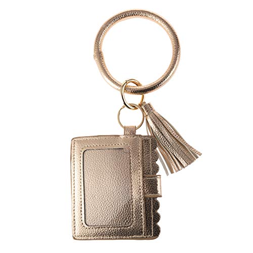 Bangle Keychain Keyring Bracelet Women Round Tassel Faux Leather Key Ring With Wallet Purse Wristlet Card Holder