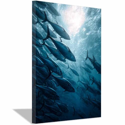 Toile murale océan CUDAOO 60x90cm avec banc de thons bleu canard pour décoration de salon encadrée