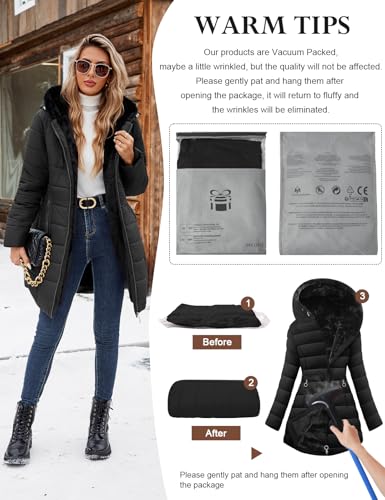 Uikue Women's Long Black Puffer Coat – Stylish, Warm Fleece-Lined Jacket for Winter Adventures (Size Small) - Image 6