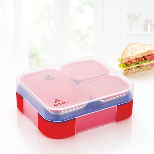 Image of ATTRO Admire 3 Compartment Stainless Steel Lunch Box BPA Free, Durable & Lightweight, Easy to Carry, Compact Design Ideal for School, Office, College & Travel- Cherry Red- 800ml