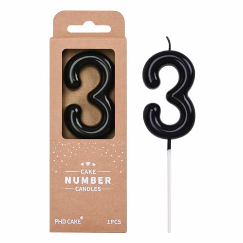 PHD CAKE 2.76 inch Classical Black 3 Number Birthday Candles, Black Number Candles, Cake Number Candles, Party Celebration