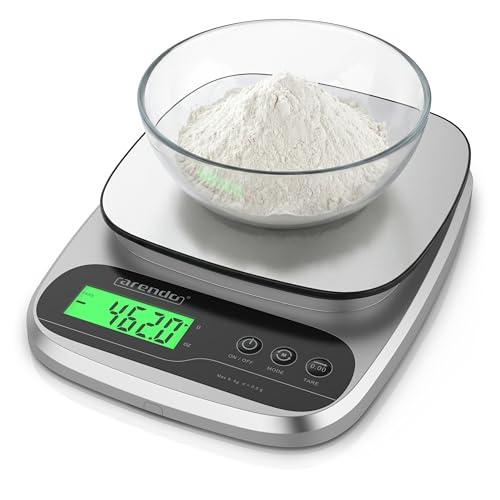Arendo - Küchenwaage digital Edelstahl – max. 1g - 5 kg - LCD Display – Tara Zuwiegefunktion – Messgenauigkeit 1g – 3 Tasten Bedienung - g, oz