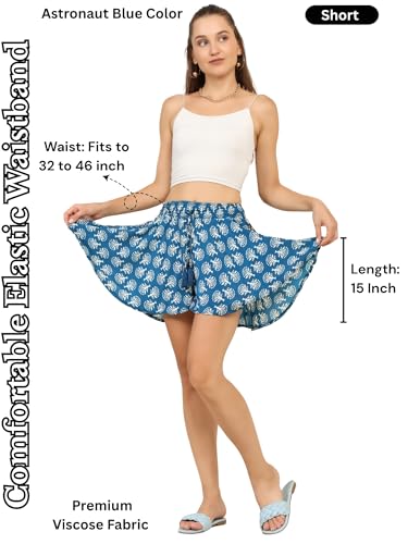 Image of KE KANHA EXPORTS Women's Boho Printed Viscose Flared Shorts | Skort‑Style Silhouette | Elastic Waist with Tassel Drawstring | Lightweight Summer Casual