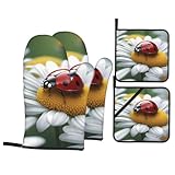 Juego De Repostería para Cocina Patrón De Pequeñas Mariquitas sobre Flores De Margarita 4 Piezas Antideslizante Kitchen Baking Set Resistente Al Calor Oven Mitts Set para Barbacoas Horno Pizza