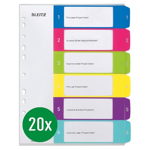 Leitz Register für A4, 20er Pack, PC-beschriftbares Deckblatt und 6 Trennblätter, Taben mit Zahlenaufdruck 1-6, Überbreite, Mehrfarbig, Polypropylen, WOW, 12420000