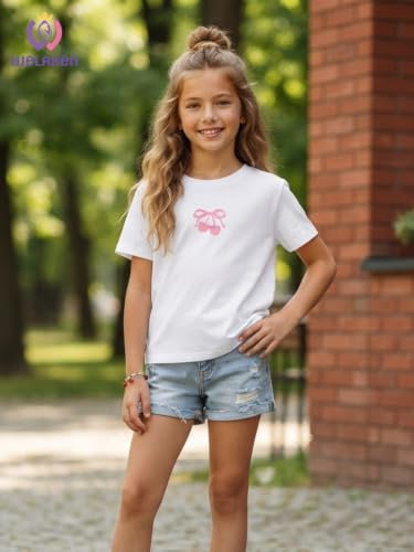 Image of WELAKEN Girls Soft T-Shirt with Curved Hem, Breathable Stretchy Rayon Crewneck Short Sleeve Tees, Kids Everyday Basic Top