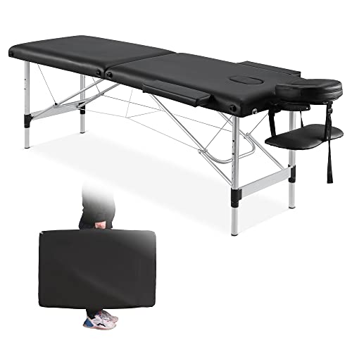 Churn Table de Massage 2 Section Lit de Massage en Aluminium Convient pour Spa Beauté Tatouage Physiothérapie Yoga Gym Hauteur Réglable Largeur 60cm Noir Cover