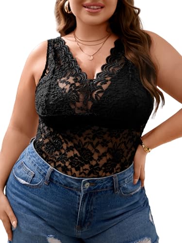 SOLY HUX Women's Plus Size Floral Lace Sheer V Neck Scalloped Trim Sleeveless Tank Tops