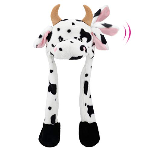 Bubblepompom Cow Hat with Ears Moving Jumping Pop Up Beating Hat Plush Farm Animal Holiday Cosplay Dress Up Funny Party Gift for Kids Girls, 22''