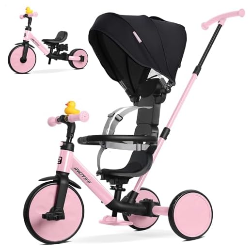 RIDYEE 8-in-1 Tricycle for 1.5-5 Years, Tool-Free Switch, Toddler Tricycle with Parent Steering Control Handle for 1.5 to 5 Yrs, Toddler Trike 1.5-3 Years with 5-Point Harness and Large Canopy, Pink