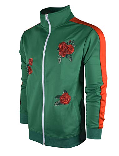 SCREENSHOTBRAND-F11853 Mens Urban Hip Hop Premium Track Jacket - Slim Fit Side Taping Rose Embroidery Fashion Top-Evergreen-Smal